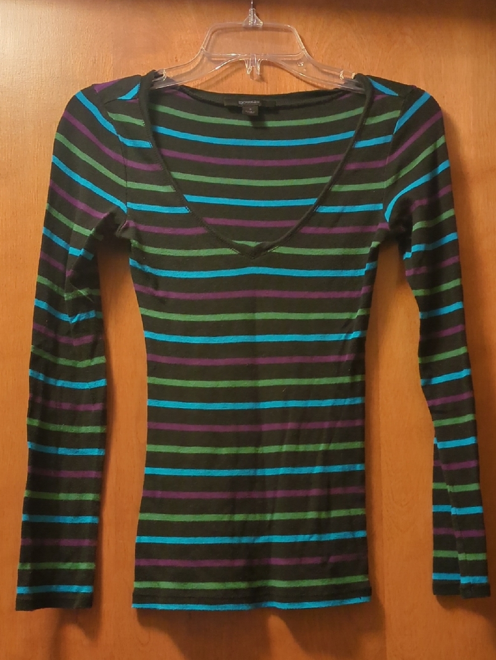 Express Black V-Neck Long-Sleeve Tee with Teal, Green, & Purple Stripes